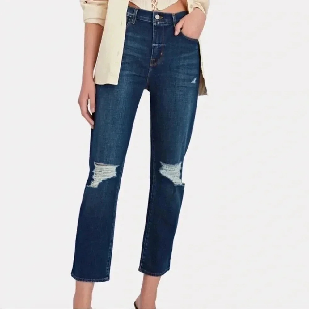L'Agence Shane Distressed Mid Rise Slouchy Straight Jeans Dark Wash Size 27